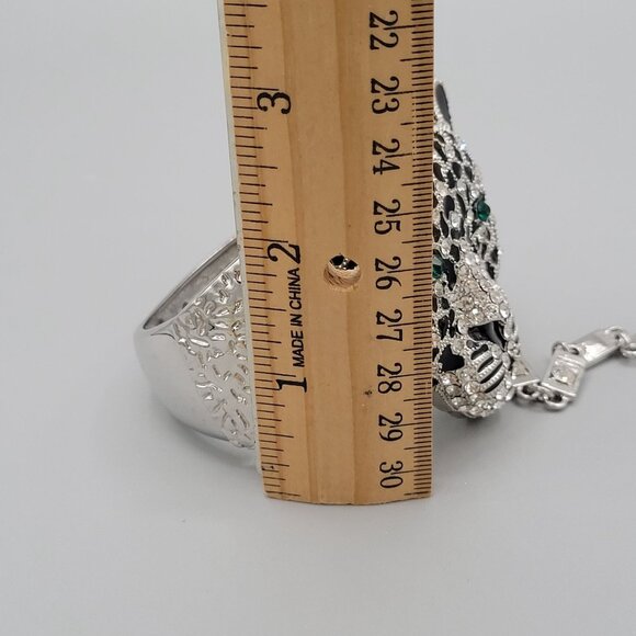 Large Leopard Head Rhinestone Bracelet Stretch Ring Set Hinged Green Crystal Eye - Picture 10 of 12